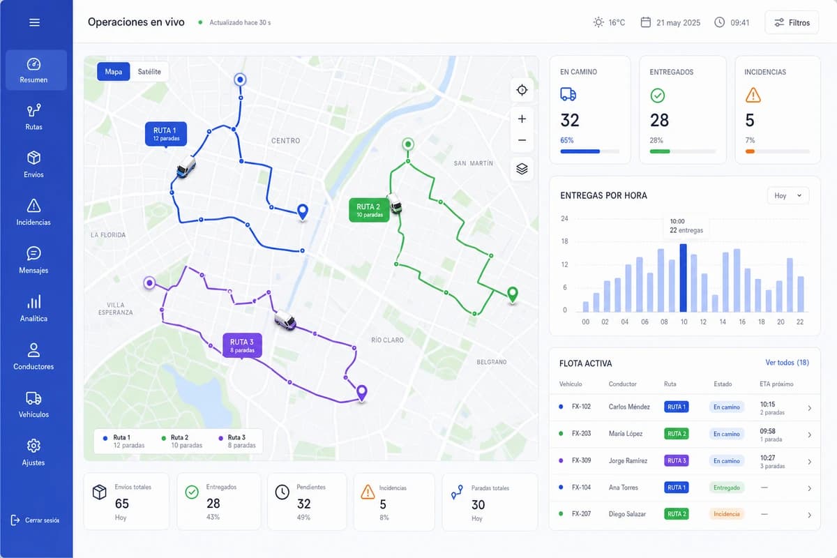 Panel de control de FlexExpress con rutas, entregas e incidencias en tiempo real